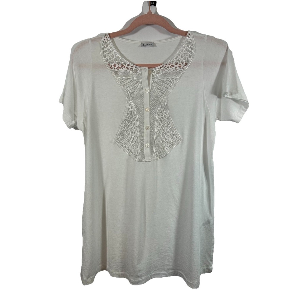 LA PERLA White Lace Knit Top M Medium Coquette‎ Romantic Soft Girl Henley Shirt